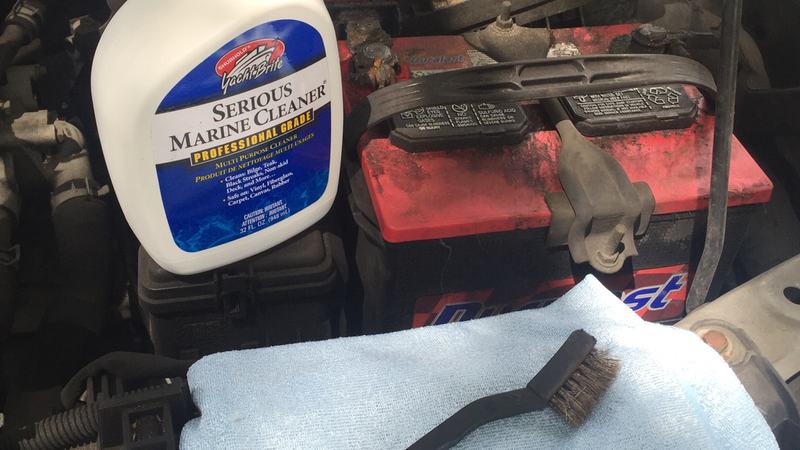 Serious Multi Purpose Cleaner being used to clean a battery