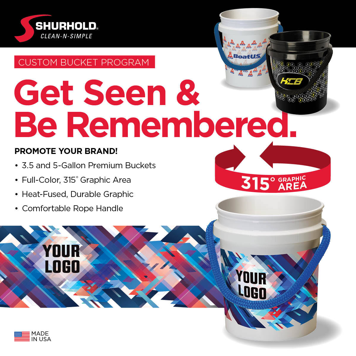 Promotional flyer for Shurhold Industries, Inc. Custom Printed Buckets, featuring rope handles and 315° heat-fused logo customization—showcase your brand with unique features and full-color graphics.