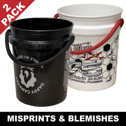 Get a 2-pack of SURPRISE BUCKET(2P) by Shurhold Industries, Inc.—two 5-gallon rope handle buckets (one black, one white) with unique printed graphics. MISPRINTS & BLEMISHES—perfect for surprise bucket deal fans!.