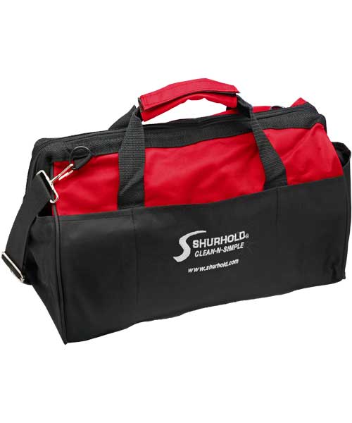 A black and red duffel bag with handles, a shoulder strap, and the Shurhold logo printed on the side.