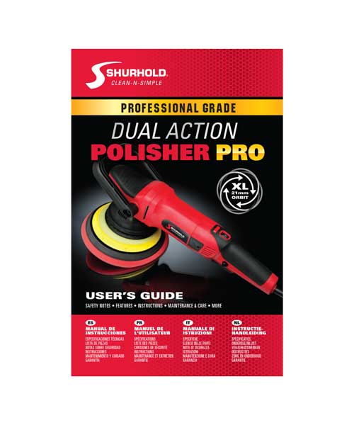 Red and black dual action polisher shown on the cover of a Shurhold Polisher Pro user’s guide, with text highlighting professional grade and XL orbital diameter.