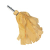A yellow strip mop head with an attached silver handle against a white background.
