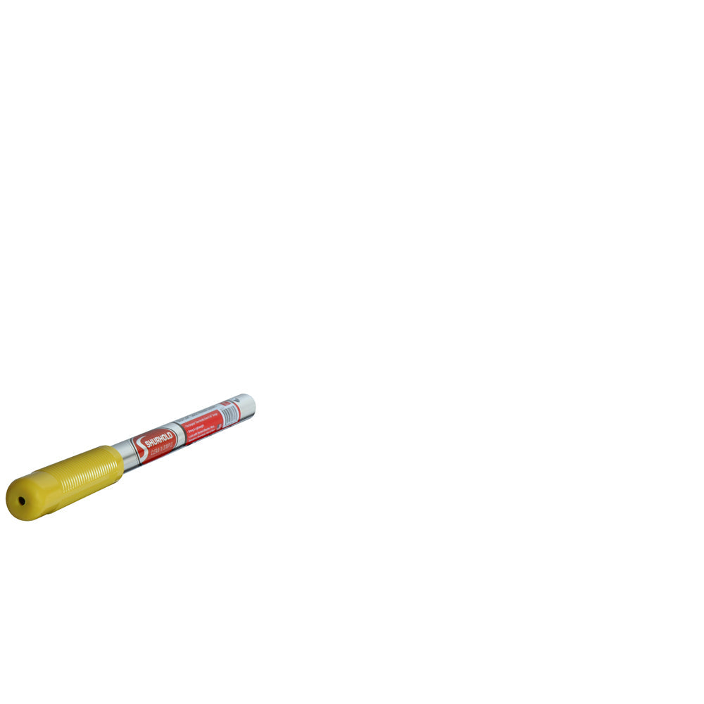 A yellow-capped marker pen with a red and white label, reminiscent of Shurhold Industries, Inc.s Fixed Length Handles, lies on a white surface.