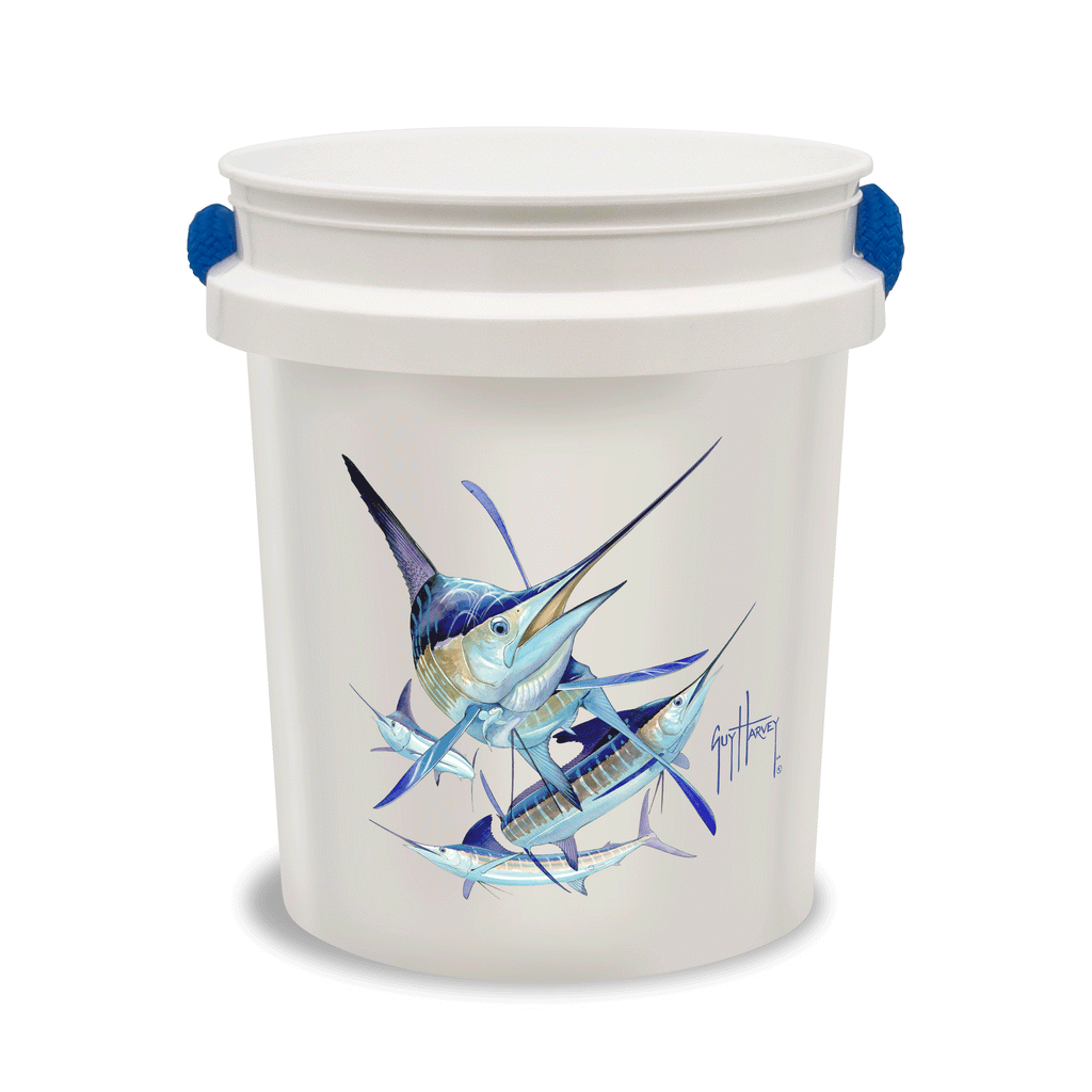 The Guy Harvey Grand Slam Bucket by Shurhold Industries, Inc. is a 5-gallon rope handle bucket featuring detailed marlin artwork with the artist’s signature on the side.