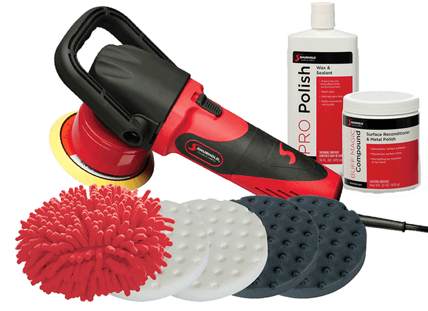 A red and black polishing machine with assorted polishing pads, a red brush pad, a bottle of polish, and a container of compound displayed together.