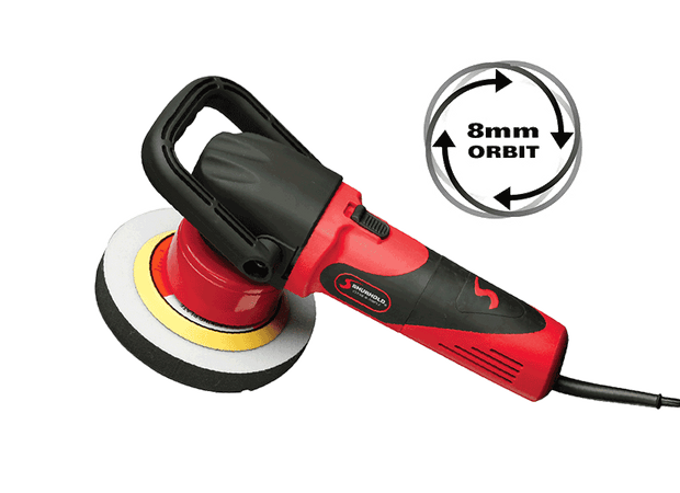 Red and black electric polisher with a foam pad, featuring an 8mm orbit indicator graphic to the right.