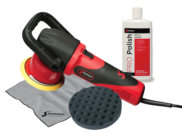 A red electric polisher, a bottle of wax and sealant, a gray microfiber cloth, and a black foam pad are shown on a white background.