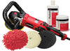 The Shurhold Industries Pro Rotary Polisher Max Pack includes a red and black rotary polisher, three pads, a red microfiber mitt, Pro Polish Sealant, and Buff Magic Compound metal polish.