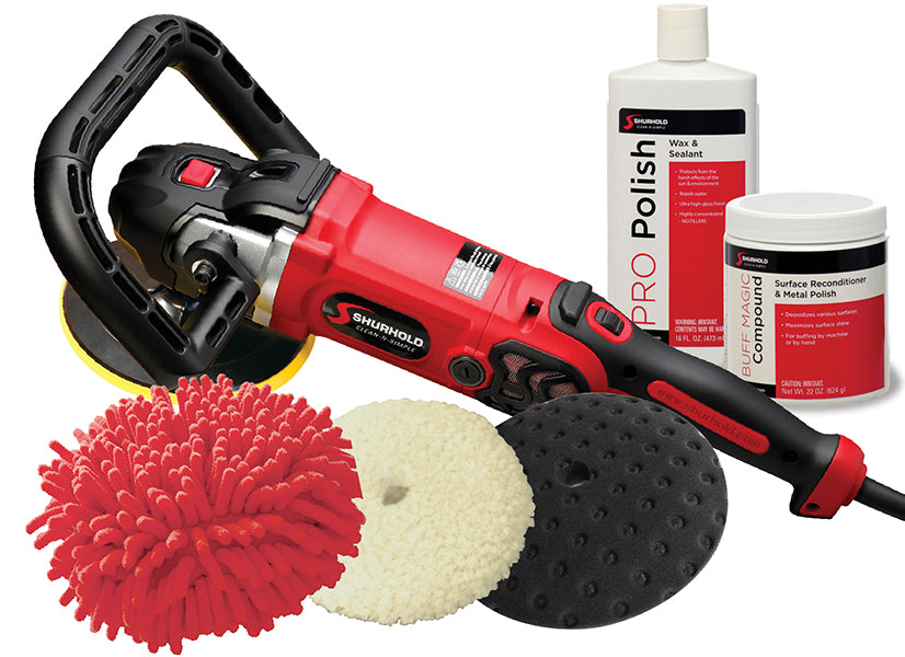 The Shurhold Industries Pro Rotary Polisher Max Pack includes a red and black rotary polisher, three pads, a red microfiber mitt, Pro Polish Sealant, and Buff Magic Compound metal polish.