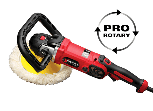 Red and black polisher tool with a wool pad, labeled Shurhold, shown next to Pro Rotary text with circular arrows indicating rotation.