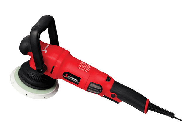 A red and black electric orbital polisher with a handle and power cord, viewed from the side on a white background.