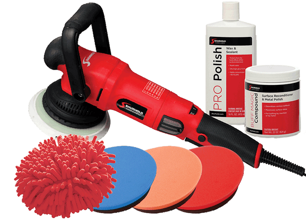 Red electric car polisher with handle, three polishing pads, a red cleaning mitt, a bottle of wax and sealant, and a container of surface reconditioner polish.