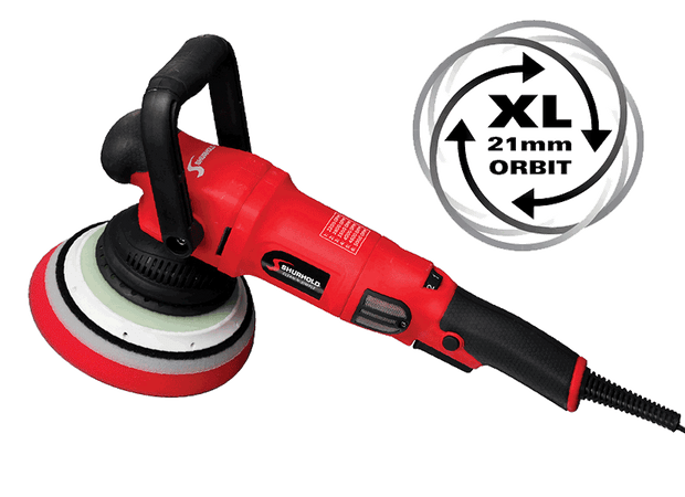 Red electric polisher with a handle and circular pad, featuring a label indicating XL 21mm ORBIT in gray text with arrows.