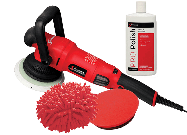 A red electric car polisher with attached pad, a bottle of polishing wax and sealant, a red microfiber cleaning mitt, and a red foam applicator pad.