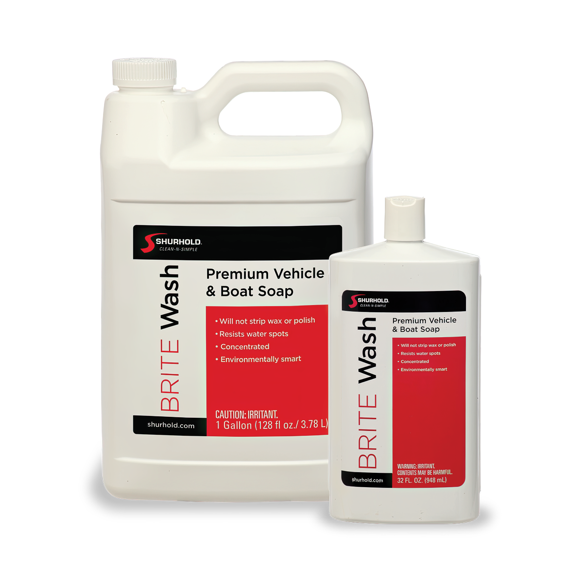 Two containers of Shurhold Brite Wash Premium Vehicle & Boat Soap, one gallon size and one 32 oz bottle, with white bottles and red labels.