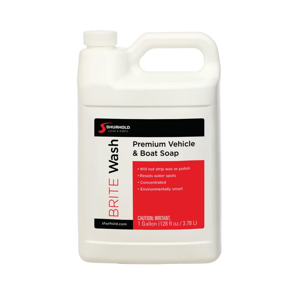 A white 1-gallon container of Brite Wash by Shurhold Industries, Inc. features a red and black label with details on its concentrated, biodegradable formula and caution warning.
