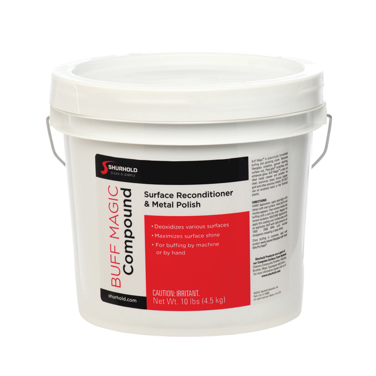 A 10 lb white plastic bucket of Buff Magic Compound by Shurhold Industries, Inc.—a surface reconditioner and metal polish for gelcoat stains, ideal for machine or hand application.