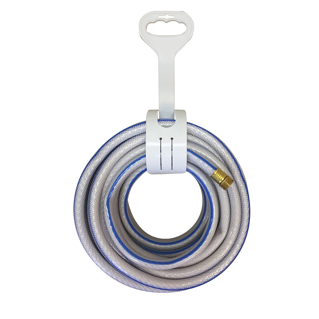 The Shurhold Industries Hose Carry Strap, sturdy in design, holds a coiled white and blue garden hose with brass connector, hanging neatly from a white plastic hook holder.