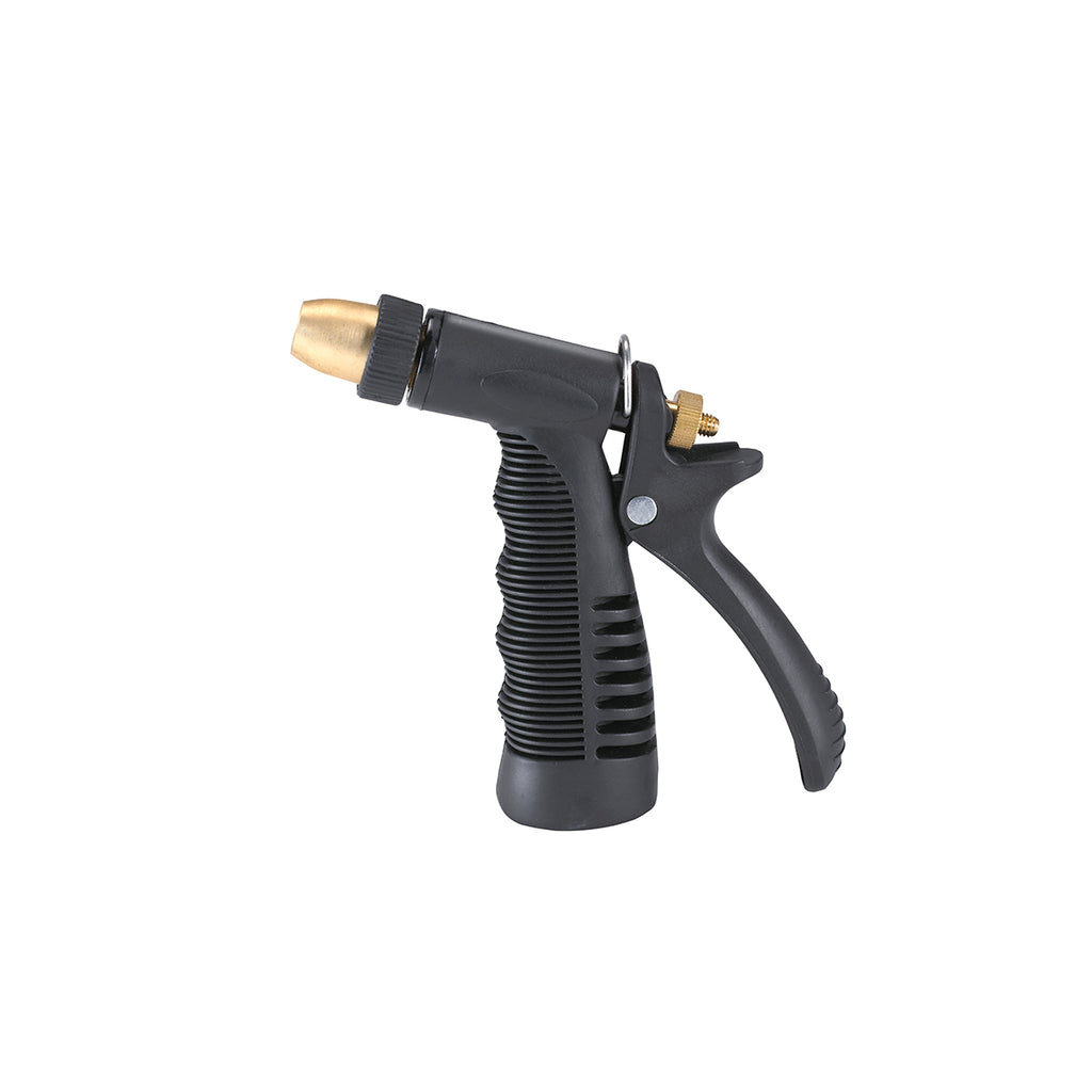 Shurhold Industries, Inc. Hose Nozzle—black and brass with ergonomic ribbed handle, trigger, and quick connect system—shown on a white background.