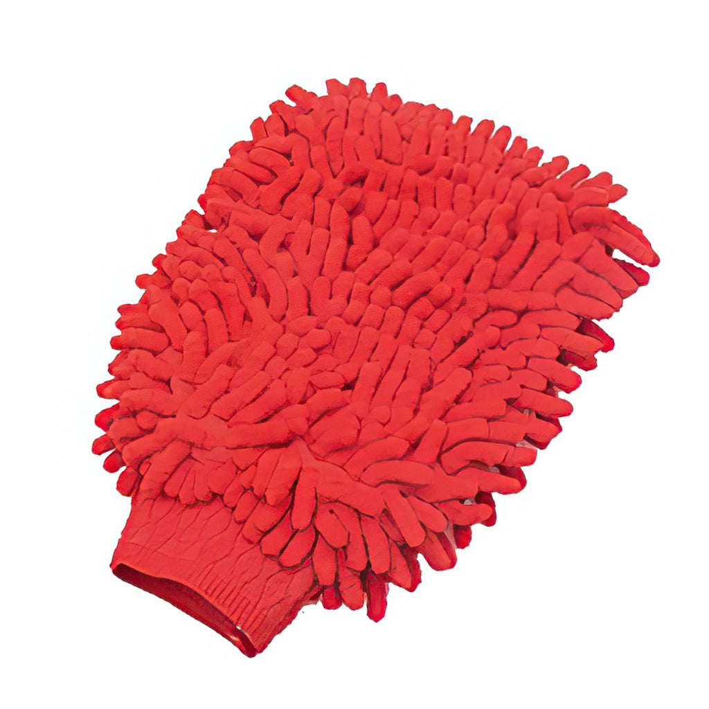 The Shurhold Industries, Inc. Chenille Microfiber Premium Scratch-Free Wash Mitt, with red chenille fibers and a noodle-like texture, lies flat on a white background—perfect for scratch-free washing.