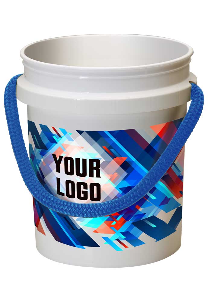 White plastic bucket with a blue handle, featuring a colorful geometric design and the words YOUR LOGO printed on the side.