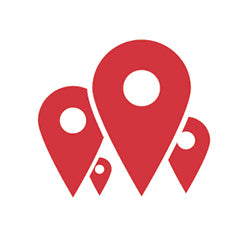 Four red map location pins of varying sizes are grouped together on a white background.