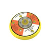 The Shurhold Industries, Inc. Replacement Dual Action Polisher Backing Plate features a 5-inch design with yellow and orange sections, metal center hub, Velcro pads for easy attachment, and speed specs printed—perfect for any DA polisher.