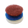 Shurhold Industries, Inc. Dual Action Polisher Scrubber Pads—stacked in red, blue, and white—offer versatile cleaning with your Dual Action Polisher, shown isolated on a white background.
