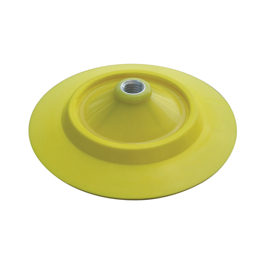 The Shurhold Industries, Inc. Premium Rotary Pad Holder is a yellow circular plastic suction cup with a threaded metal insert, perfect as a Quick Change Pad Holder for your Shurhold Pro Rotary Polisher.