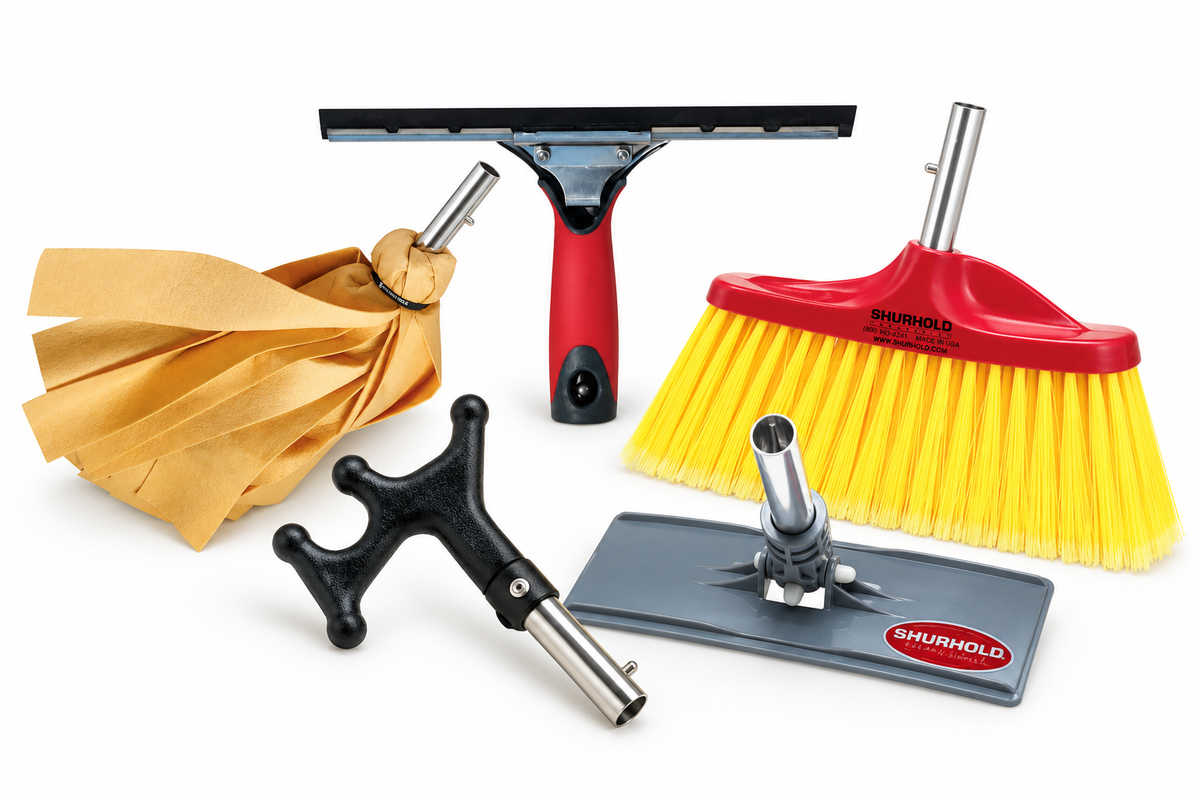 SHUR-LOK attachments: Water Sprite mop, squeegee, boat hook, broom and swivel scrubber base.