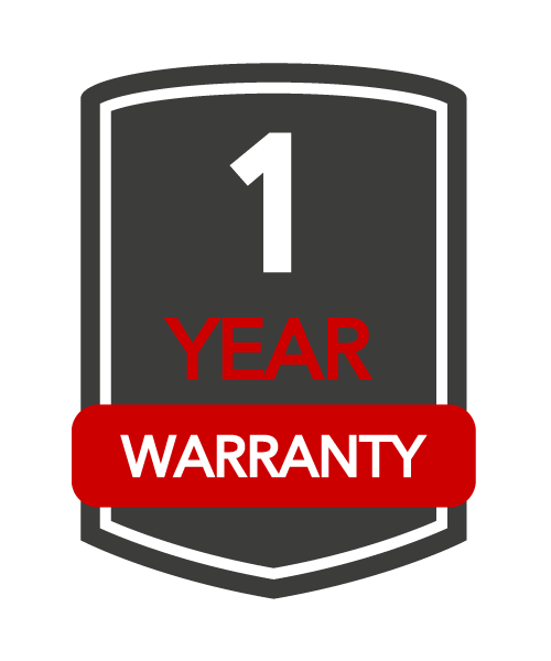 A shield-shaped badge displays 1 Year Warranty with 1 at the top, Year in red, and Warranty in white on a red banner.
