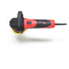 A red and black Shurhold Industries, Inc. Dual Action Polisher with a yellow sanding pad, designed for a high-gloss finish, is shown side view on a white background.