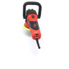 A red and black Shurhold Industries, Inc. Dual Action Polisher with a yellow sanding pad, engineered for a high-gloss finish, is shown from the front on a white background.
