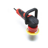 A red and black Dual Action Polisher by Shurhold Industries, Inc., featuring a yellow buffing pad for a high-gloss finish, is shown against a white background.