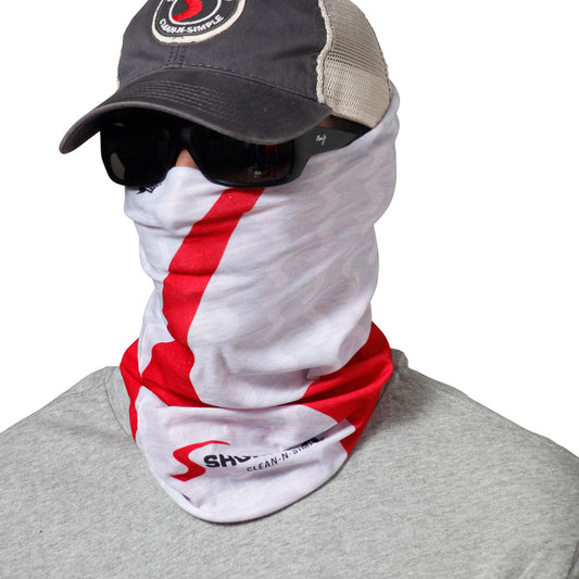 Man wearing white and red bandanna around face