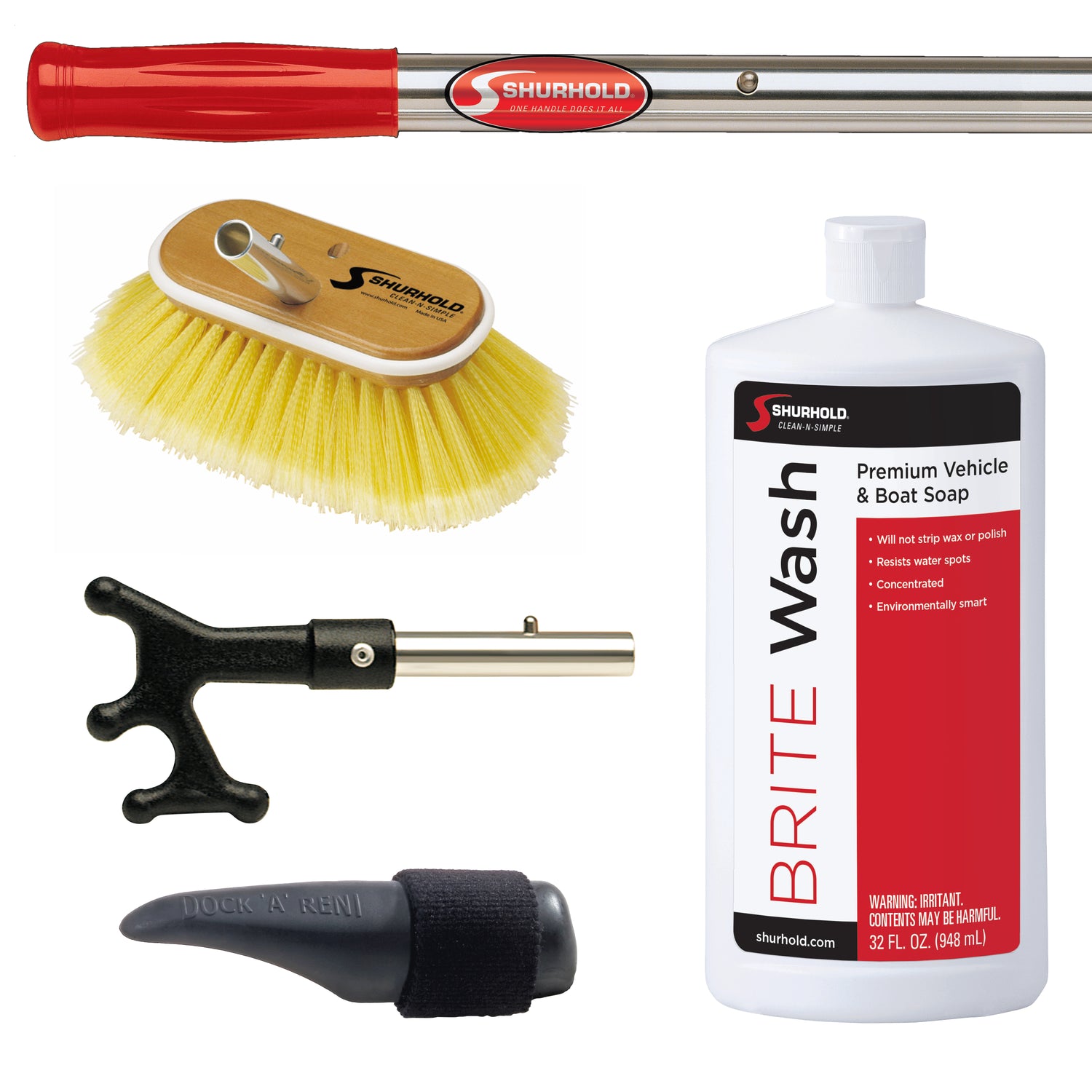The New Boater Kit by Shurhold Industries, Inc. includes a brush, soap bottle, SHUR-LOK quick-release pole, black plastic fitting, and rubber nozzle—perfect for any new boater’s cleaning needs.
