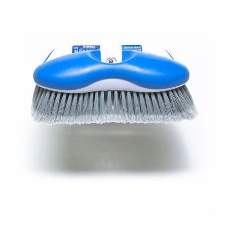 The Hammerhead Brush by Shurhold Industries, Inc. is a blue and white handheld scrub brush with stiff gray bristles and an ergonomic shape, shown against a white background.