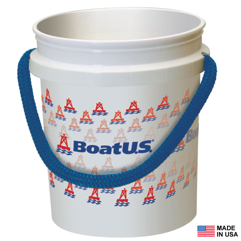 Custom Printed Buckets by Shurhold Industries, Inc. feature a white plastic rope handle, BoatU.S. logo with red and blue buoys, durable heat-fused graphic, and a Made in USA label on the bottom right corner.