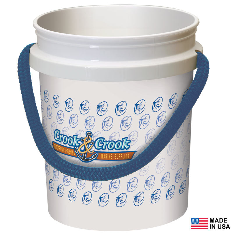 Custom Printed Buckets from Shurhold Industries, Inc. feature a white plastic body, blue rope handle, heat-fused blue anchor graphics, and Made in USA labeling.