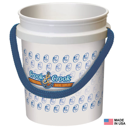 Custom Printed Buckets from Shurhold Industries, Inc. feature a white plastic body, blue rope handle, heat-fused blue anchor graphics, and Made in USA labeling.