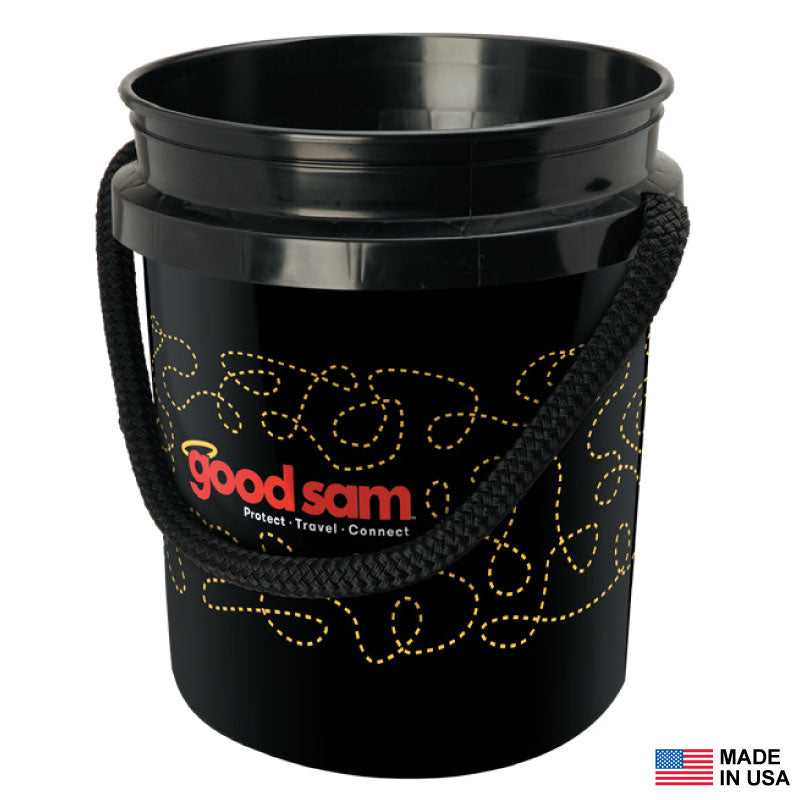 The Custom Printed Bucket by Shurhold Industries, Inc. features a black rope handle, yellow dotted line heat-fused graphic with the Good Sam logo, and a small Made in USA label in the corner.