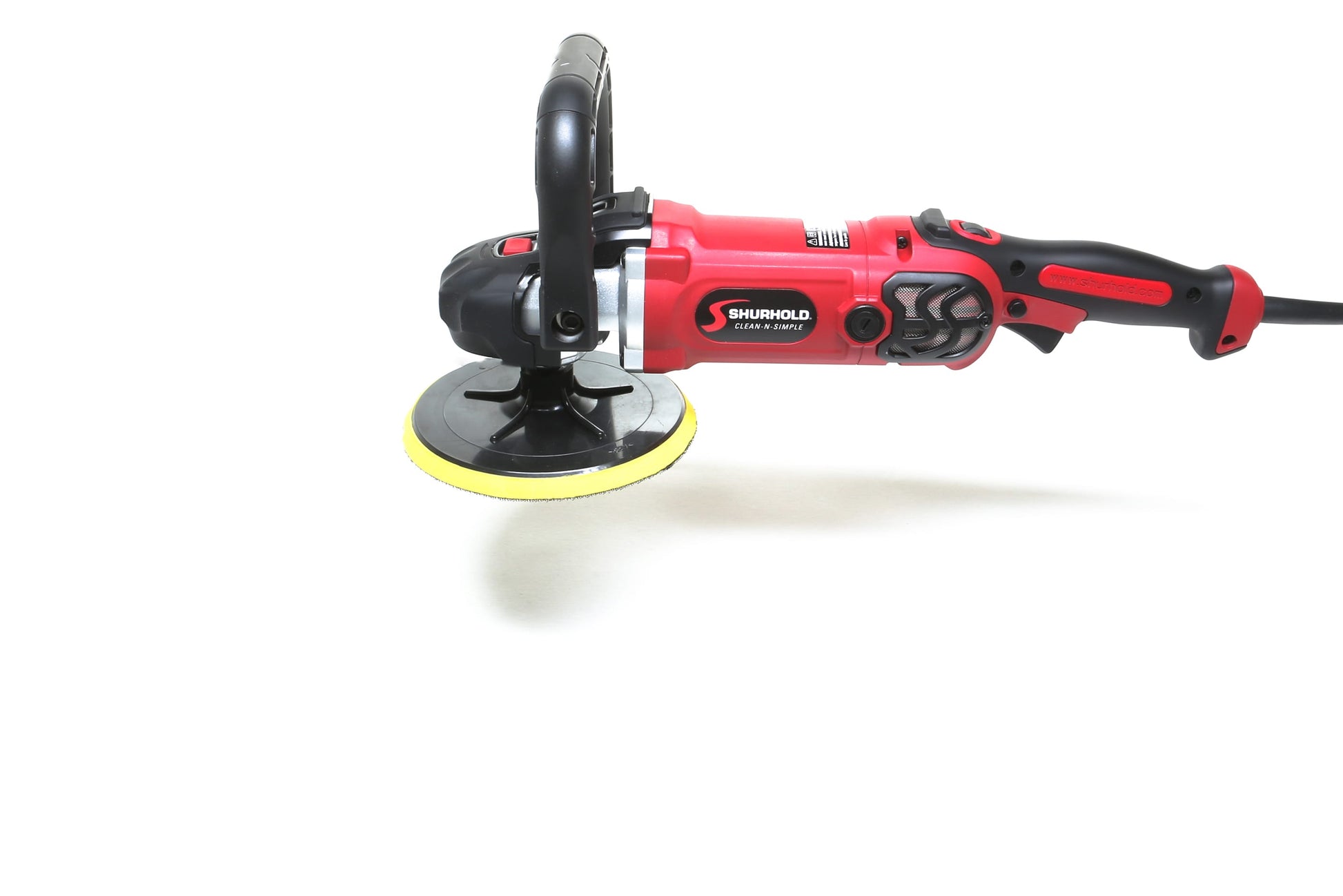 A refurbished Shurhold Industries, Inc. Pro Rotary Polisher with a yellow pad is shown on a white background—an ideal professional-grade tool for eliminating surface imperfections.