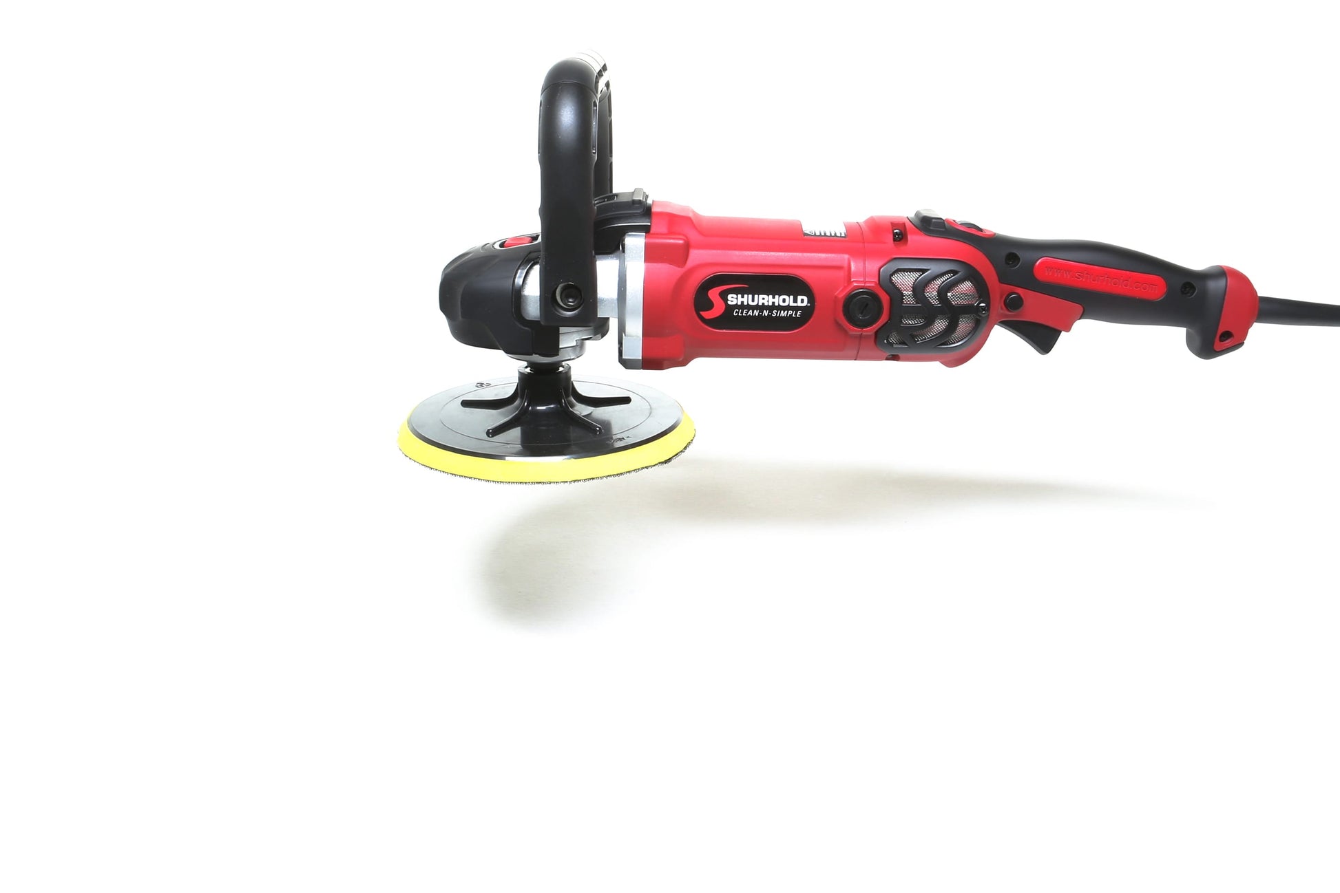 The Refurbished Pro Rotary Polisher by Shurhold Industries, Inc., with a black handle and yellow pad on a white background—a professional-grade tool for eliminating surface imperfections.