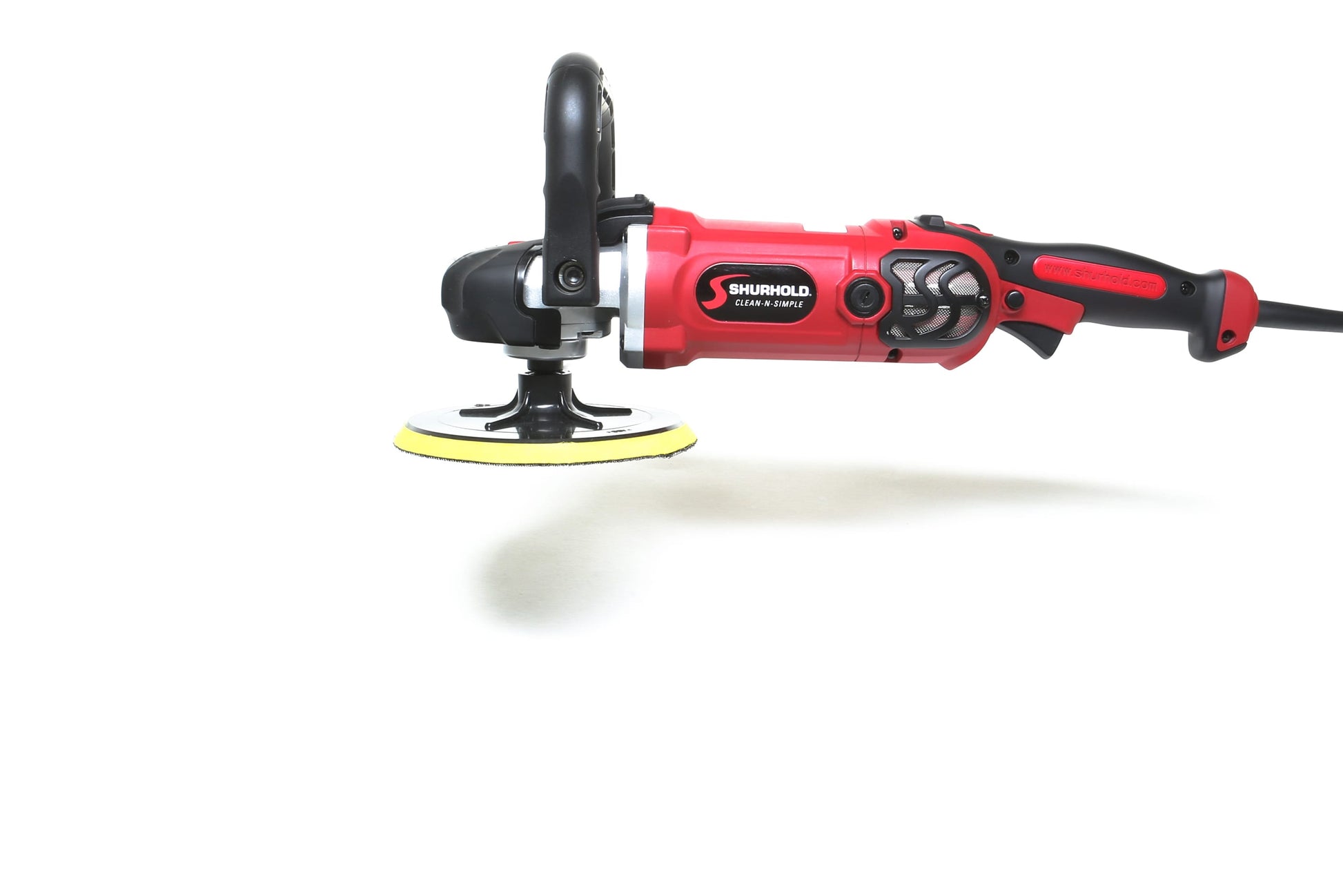 A refurbished Shurhold Industries, Inc. Pro Rotary Polisher in red and black with a yellow buffing pad, plugged in and set against a white background—a professional-grade tool for removing surface imperfections.