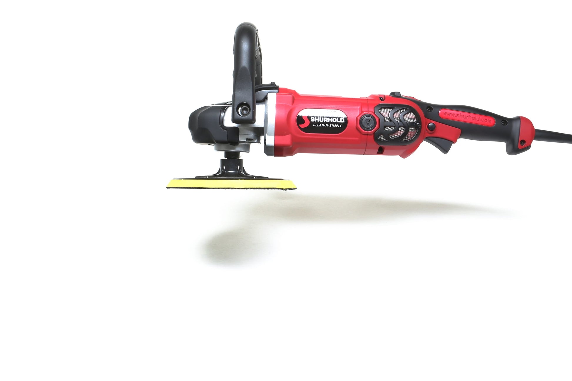 A refurbished Shurhold Industries, Inc. Pro Rotary Polisher with a yellow pad is shown on a white background—a professional-grade tool ideal for addressing surface imperfections with precision.