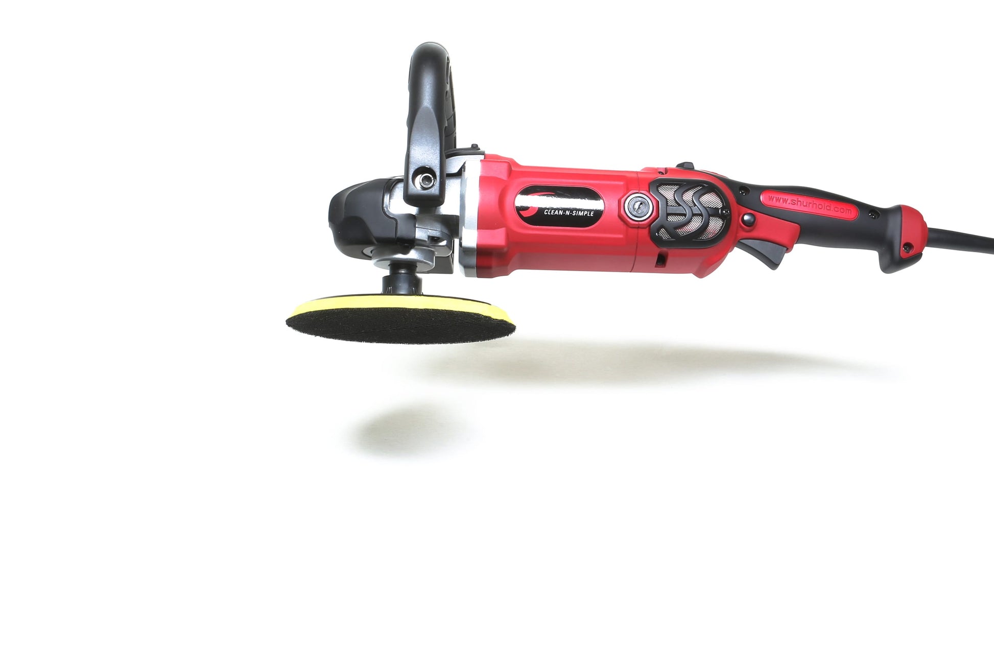 The Refurbished Pro Rotary Polisher by Shurhold Industries, Inc. is a red and black electric tool with a yellow and black pad, designed to correct surface imperfections and deliver professional results.