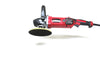 A red and black Refurbished Pro Rotary Polisher by Shurhold Industries, Inc. with a yellow-and-black sanding pad is displayed on a white background—this professional-grade tool efficiently addresses surface imperfections.