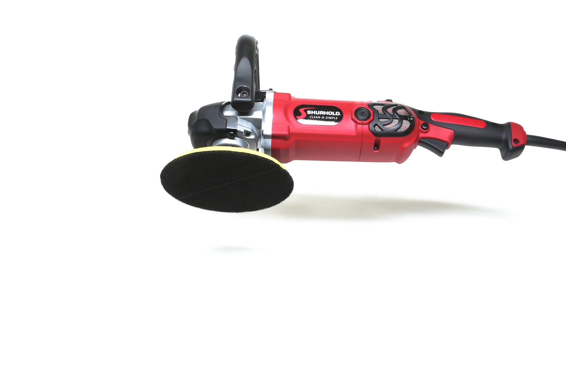 The Refurbished Pro Rotary Polisher by Shurhold Industries, Inc. is a red and black professional tool with a yellow-black pad, perfect for correcting surface imperfections and shown against a white background.