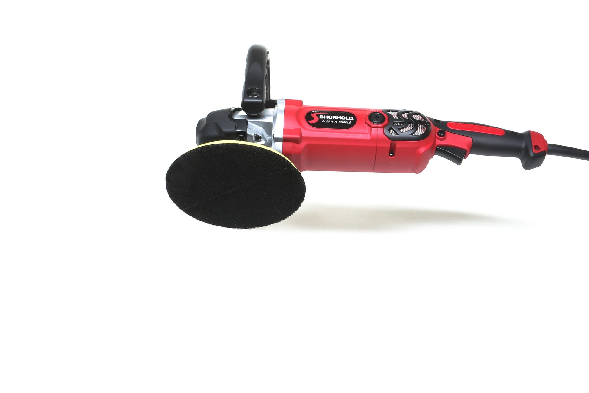 A refurbished Shurhold Industries, Inc. Pro Rotary Polisher with a black handle and circular pad is displayed on a white background, showcasing this professional tool for correcting surface imperfections.