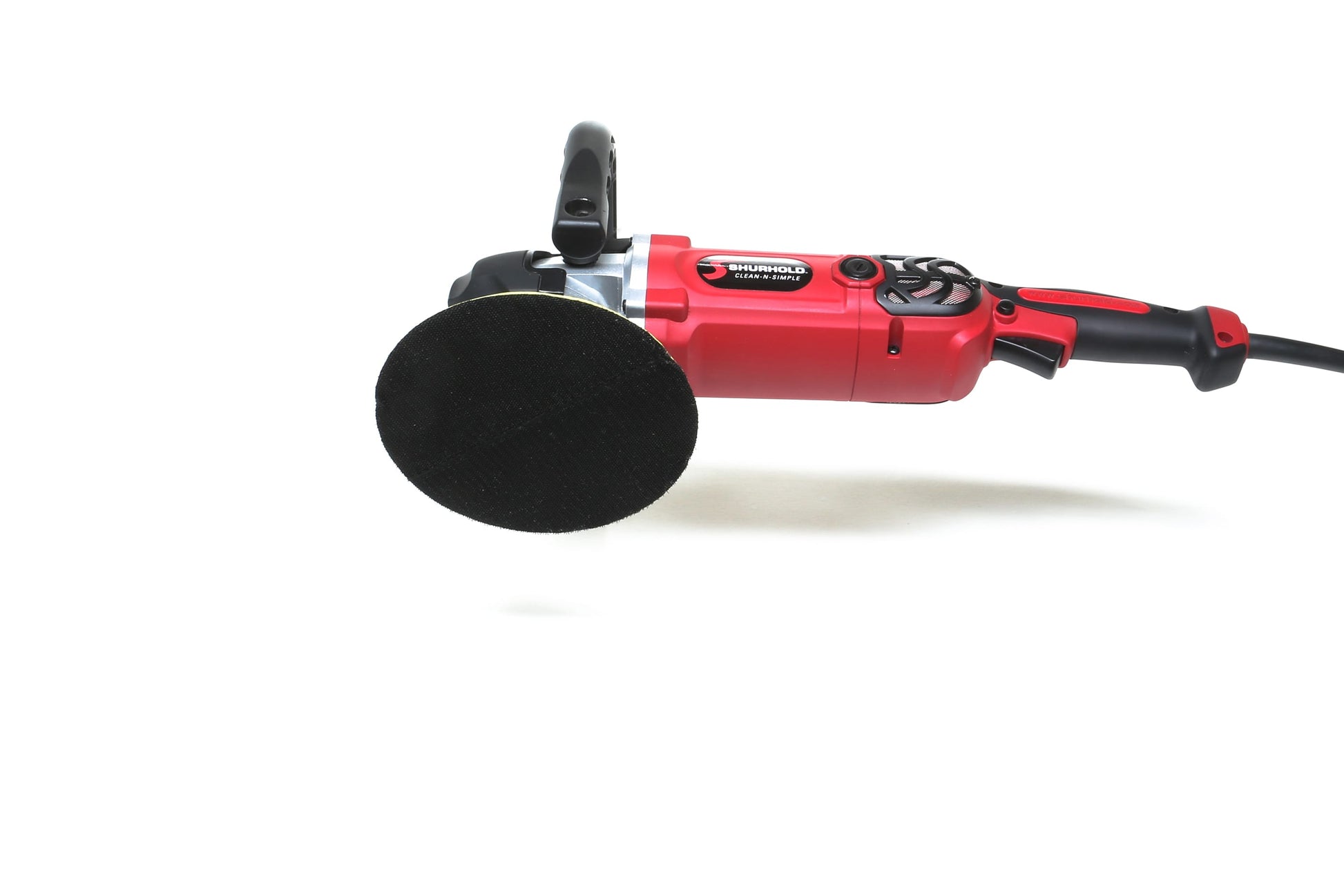 A refurbished Shurhold Industries, Inc. Pro Rotary Polisher with a black circular pad rests on a white background—this professional-grade tool is built to remove surface imperfections efficiently.